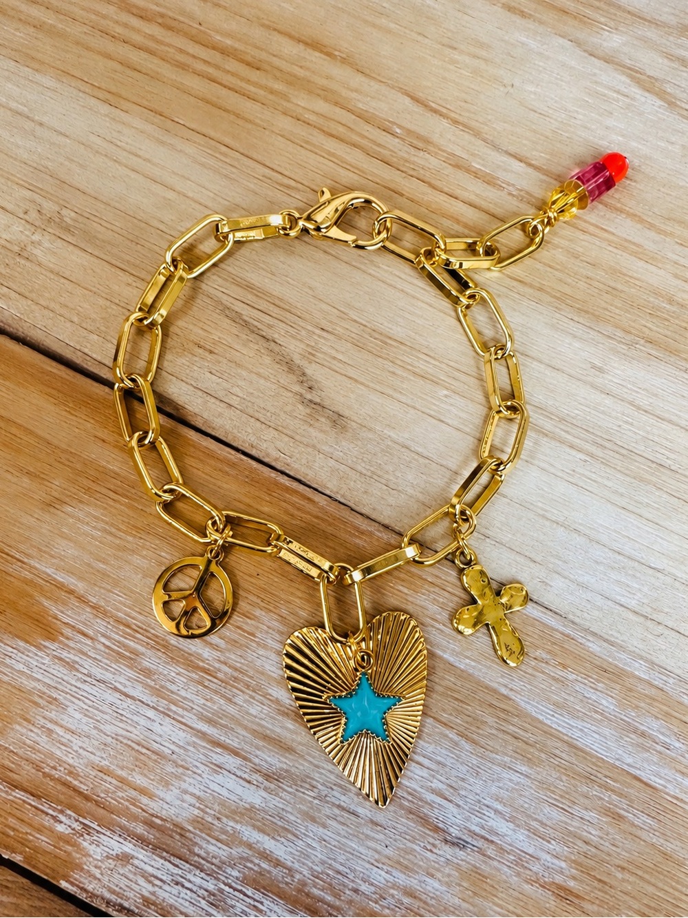 Gypsy Junk Gold Charm Bracelet with Turquoise Star Heart, Cross and Peace Sign